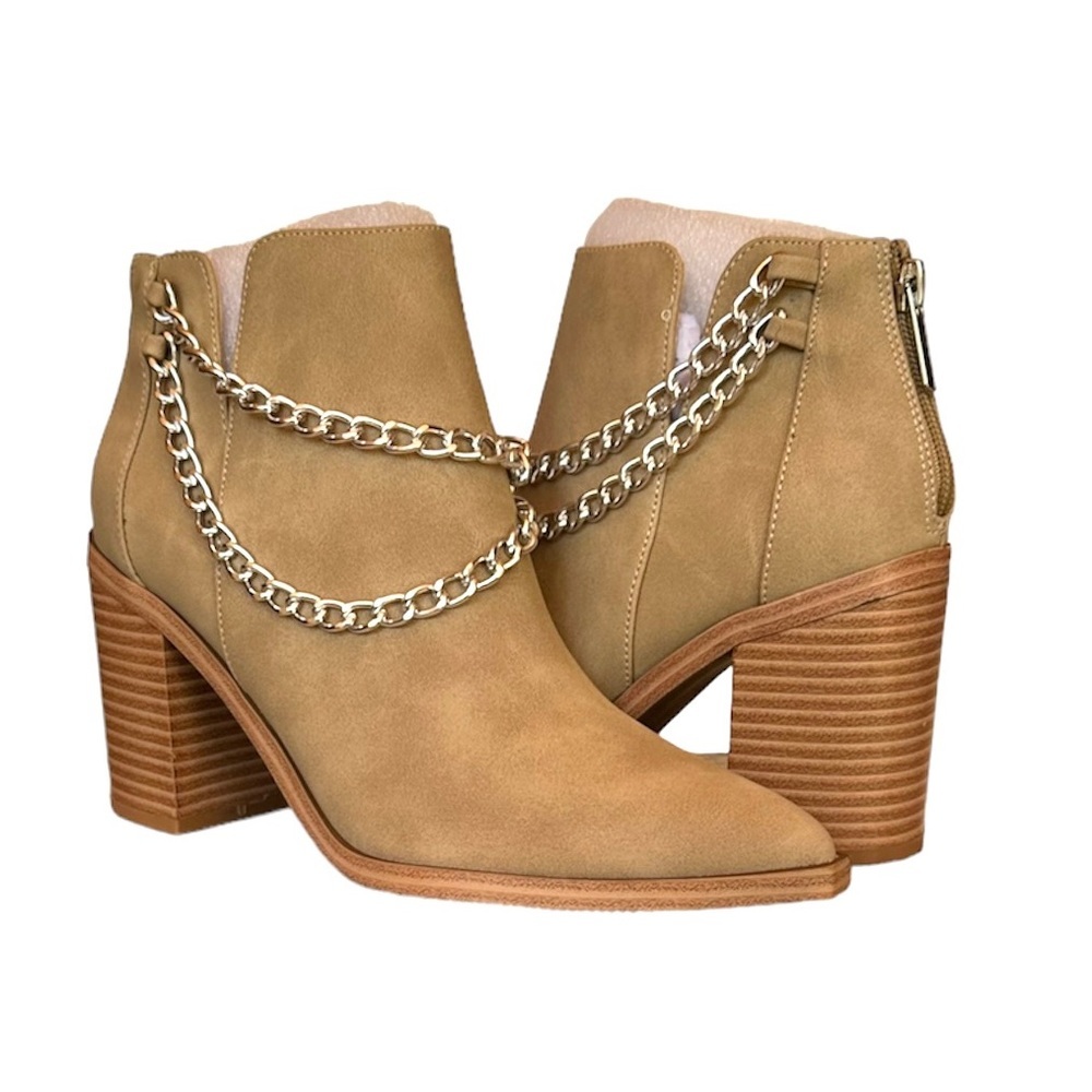 Western V Cut Vegan Leather Ankle Bootie Tan With Double Chain Pointed Toe